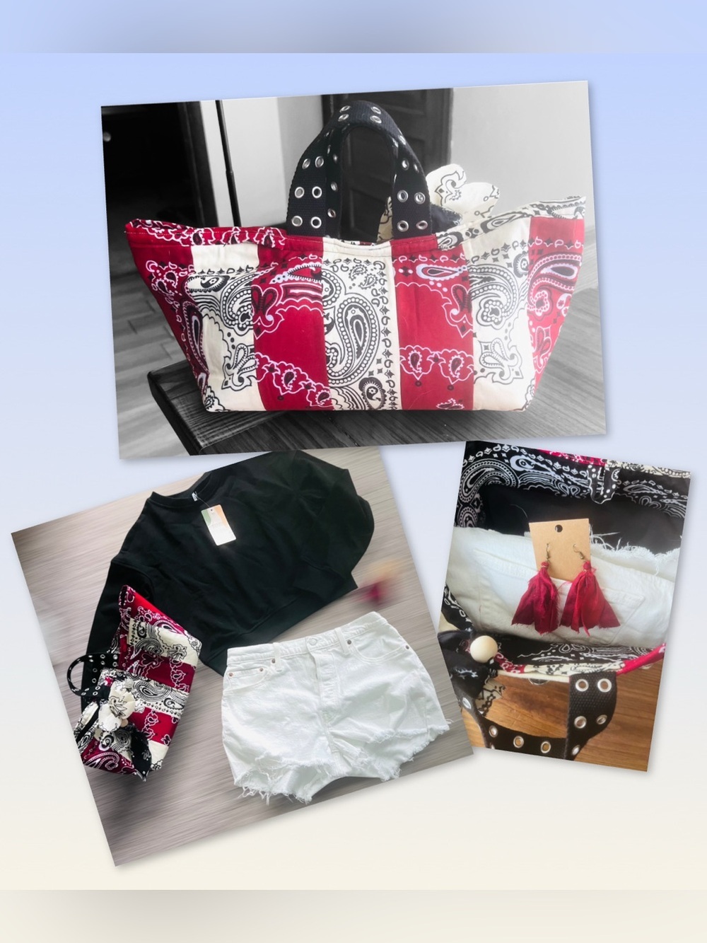 Curated Americana Outfit Bundle/Handmade Kerchief Bag/Cutoffs/sweatshirt